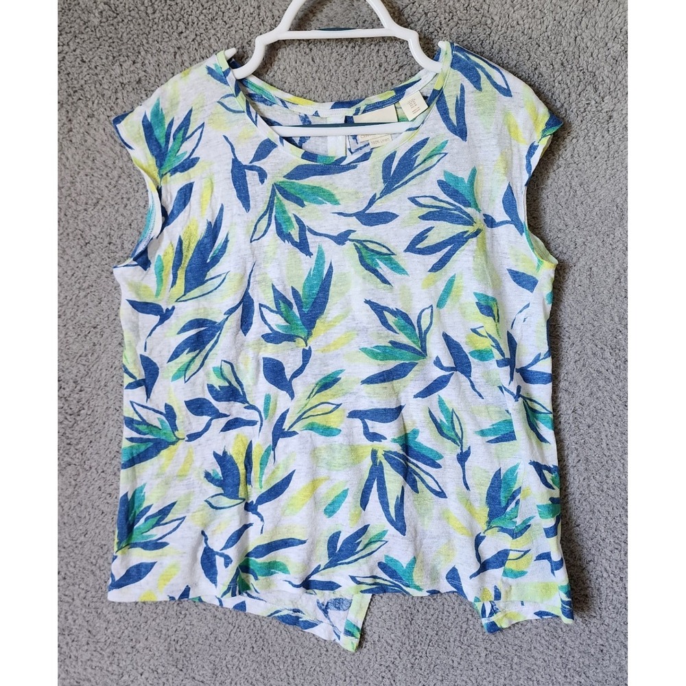 Cynthia Rowley Linen Floral Cap Sleeve Top Womens Medium Blue Green Button Back